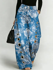 Vintage-style Elegant Floral Decorative Pattern Women's Denim Pants