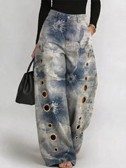 Women's Vintage Ink Wash Art Flowers Print Casual Fashion Cutout Jeans