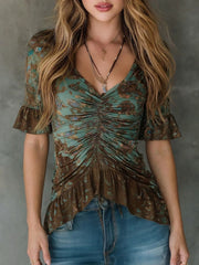 Bohemian-print Ruffled Top In Stretchy Cotton