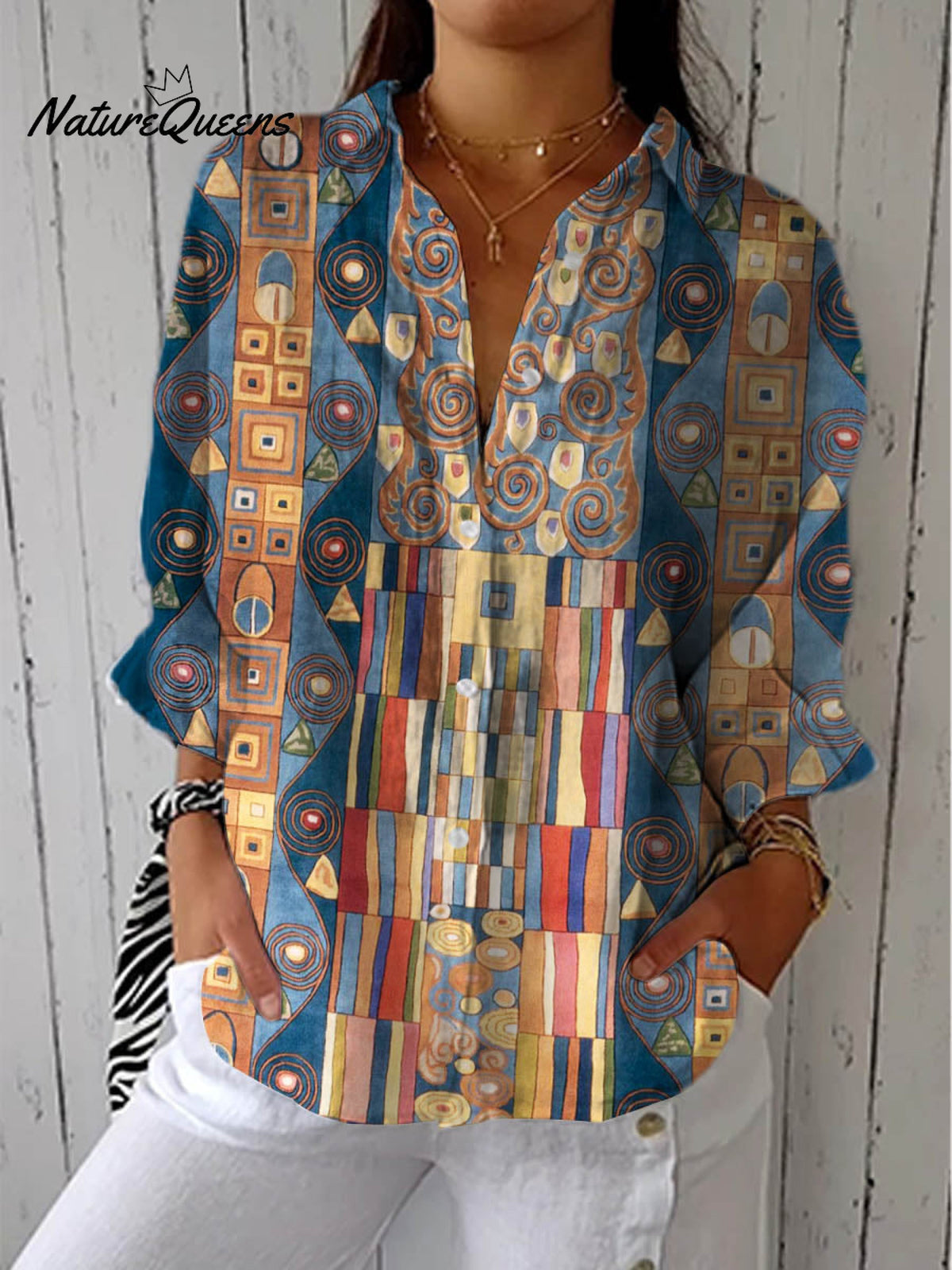 Women's Abstract Geometric Pattern Art Print Casual Cotton Linen V-neck Shirt