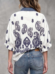 Women's Ethnic Print Cotton Top — Collared 3/4-sleeve Casual Loose Fit