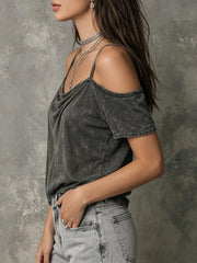 Vintage Washed Cowl Neck Off-shoulder Top