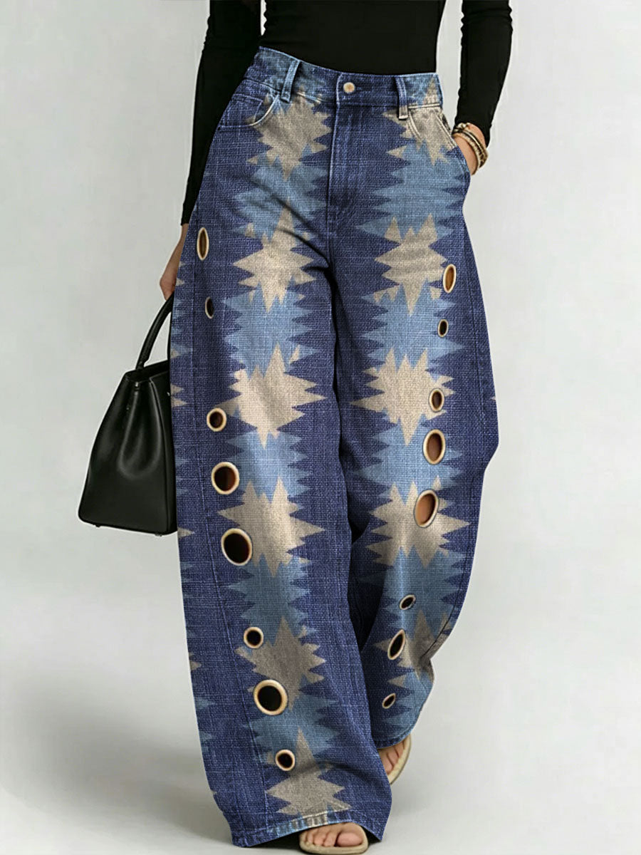 Women's Retro Geometric Patterns Printed Stylish Cutout Casual Denim Jeans