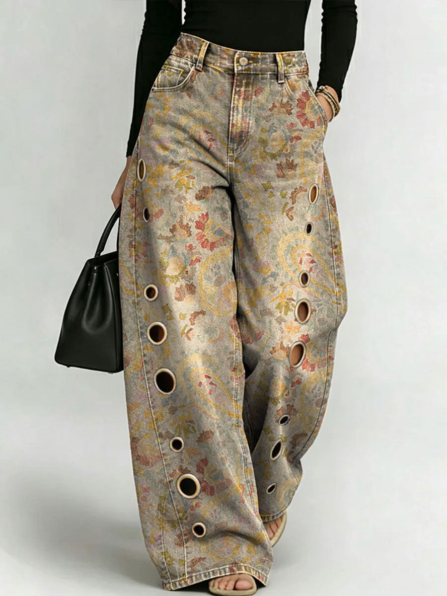 Women's Retro Pattern Printed Stylish Cutout Casual Denim Jeans