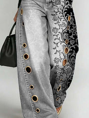 Women's Retro Floral Art Print Casual Stylish Hollow Denim Pants