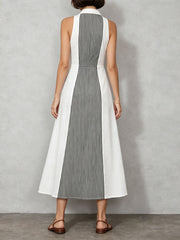 Women's Striped Flared Hem Color-block Lapel Linen Maxi Dress