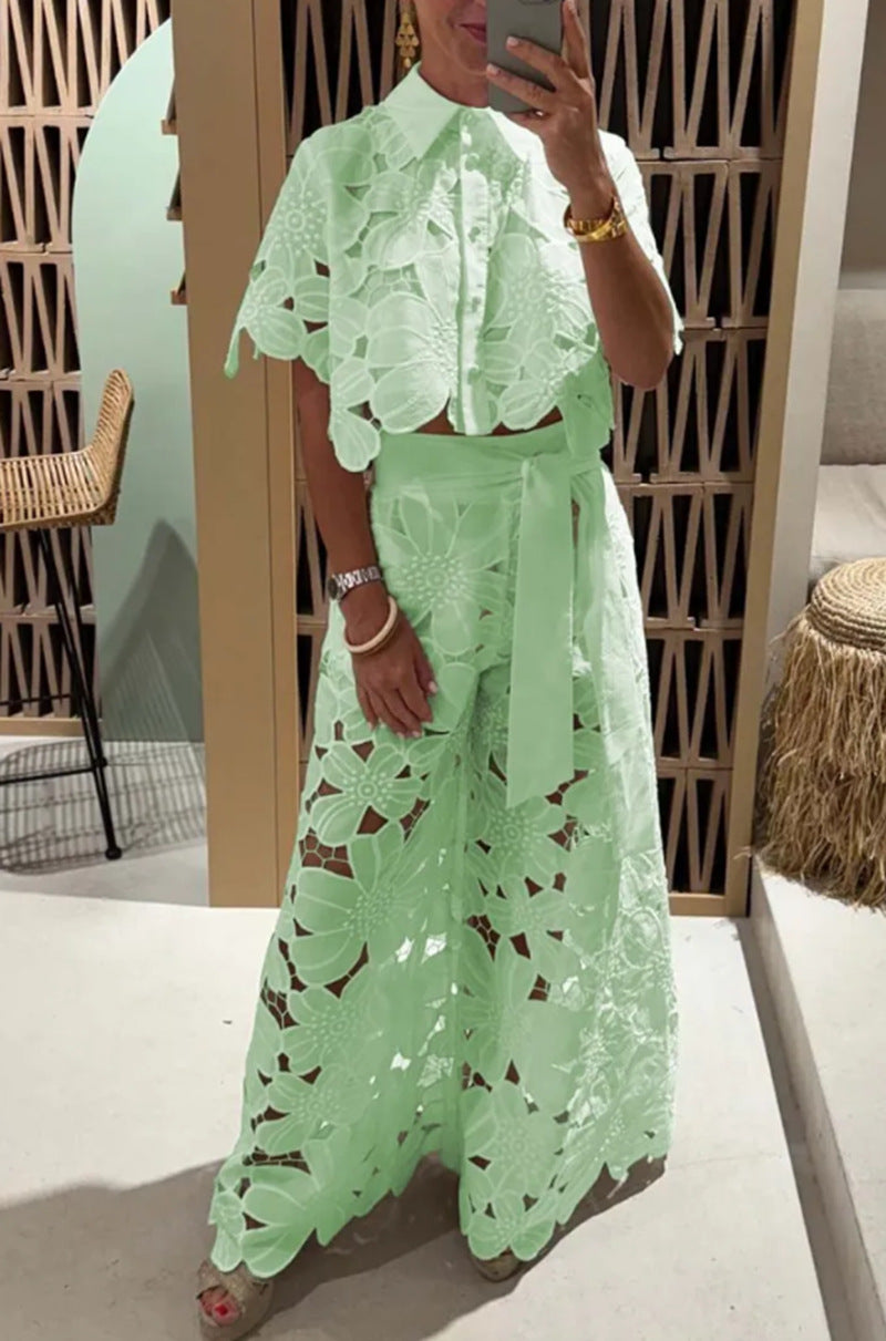 Stylish Casual Two-piece Set: Lace-embroidered Top And Pants