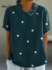 Petite White Daisy Repeat Pattern Printed Women's Casual Cotton And Linen Shirt