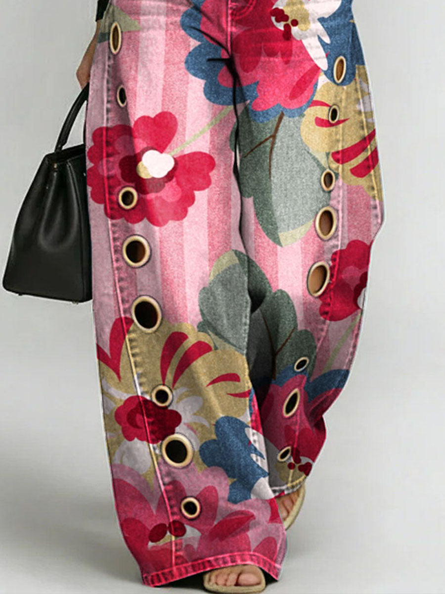 Women's Vintage Flower Print Casual Fashion Cutout Jeans