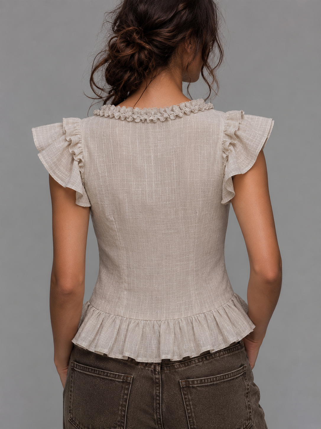 Light Beige Textured Cotton-linen V-neck Ruffle Lace-up Waist Flutter Sleeve Top