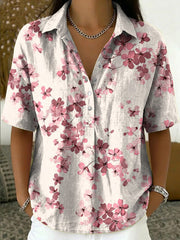 Artistic Floral-print Short-sleeve Collared Shirt With Half-button Placket