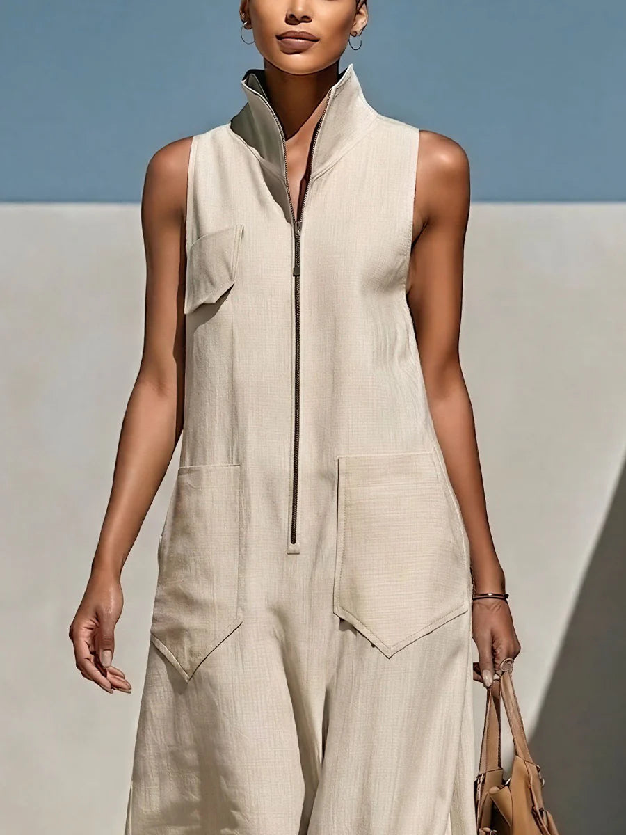 Light Beige Textured Cotton-linen Stand Collar Front-zip Cargo Pocket Sleeveless Wide-leg Jumpsuit