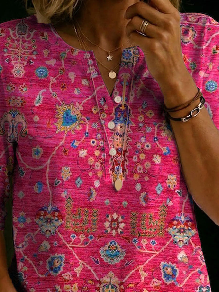 Women's Flower Print Classic 100% Cotton Henley T-shirt