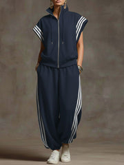 Women's Solid Color Stand-collar Short-sleeved Casual Loose Cotton Top And High-waisted Wide-leg Cotton Pants Set.