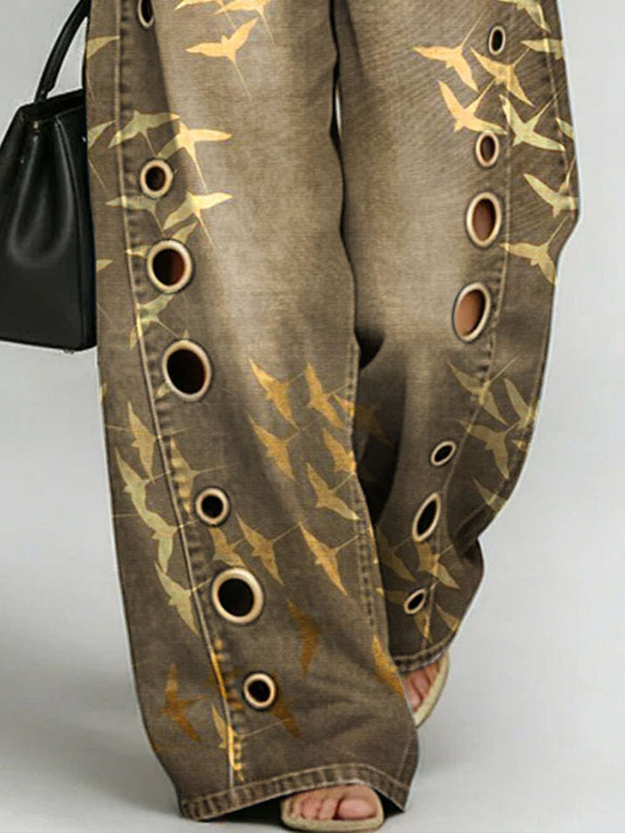 Women's Retro Print Casual Fashion Cutout Jeans