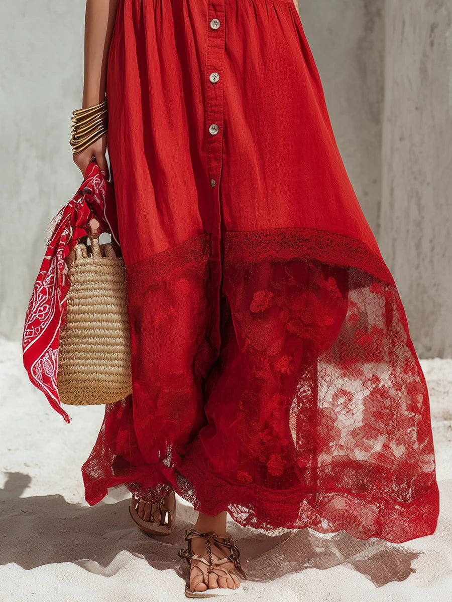 Red Textured Cotton-linen Button-front Lace Spliced Sleeveless Shirt Maxi Dress