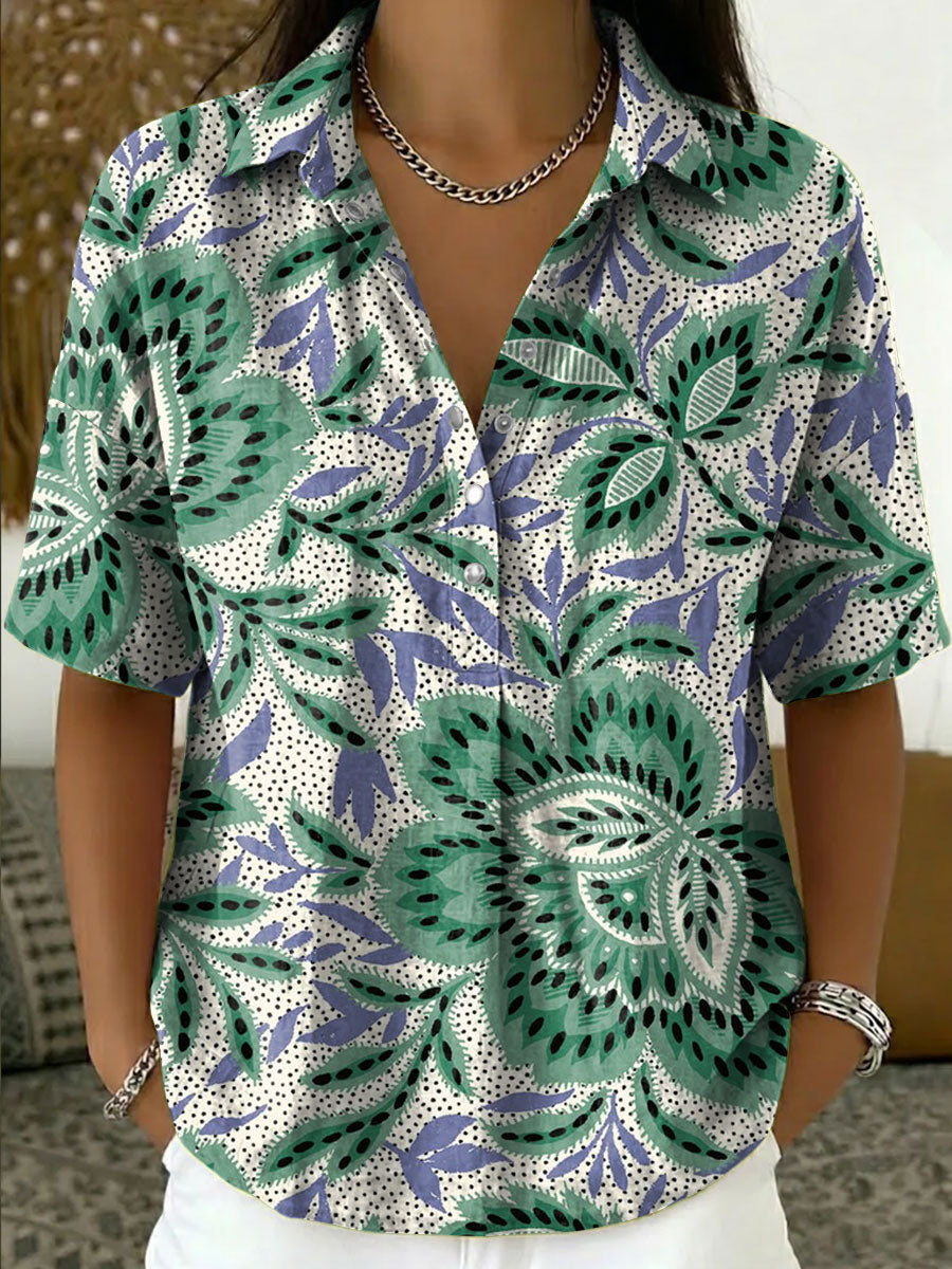 Women's Vintage Botanical Floral Casual Polo Collar Short-sleeved Linen And Cotton Shirt