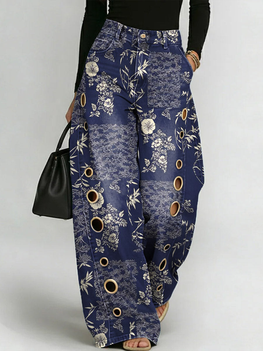 Women's Retro Floral Art Print Casual Stylish Hollow Denim Pants