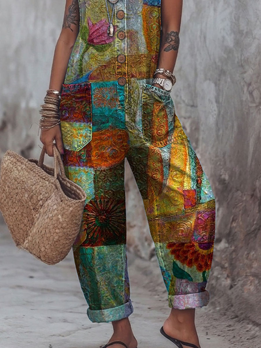 Women's Vintage Art Print Casual Jumpsuit