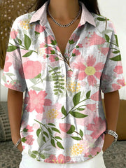 Women's Vintage Floral Art Print Cotton-linen Short-sleeve Shirt