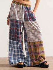 Dopamine-style Color-block Plaid Wide-leg Pants — High-waisted, Slimming, And Loose-fitting With A Designer Aesthetic