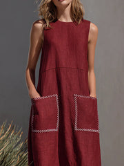 Wine Red Textured Cotton-linen Contrast Stitch Pocket Crew Neck Sleeveless Straight Maxi Dress