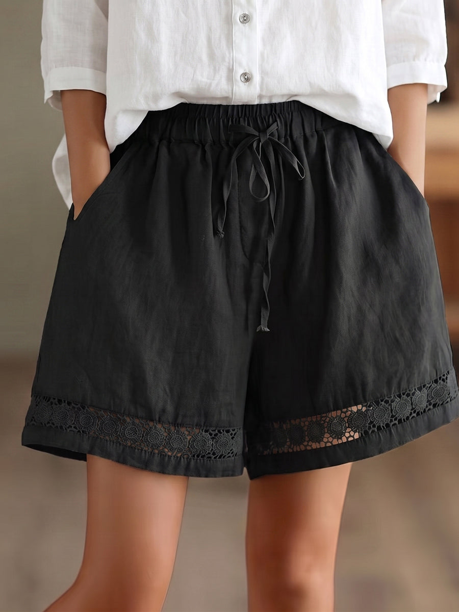 Floral Lace-trimmed Wide-leg Cotton-linen Shorts