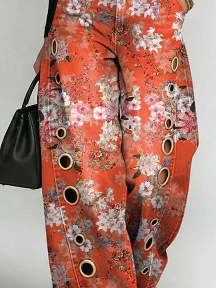 Women's Retro Floral Art Print Casual Stylish Hollow Denim Pants