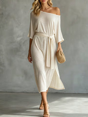 Women's One-shoulder 3/4-sleeve Side Slit And Tie Detail Dress