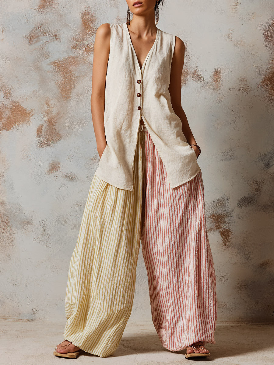 Women's Solid Color Art Stylish Casual Top And Pants Cotton Linen Two-Piece Set