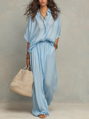 Women's Simple Shirt And Wide-leg Pants Cotton And Linen Set