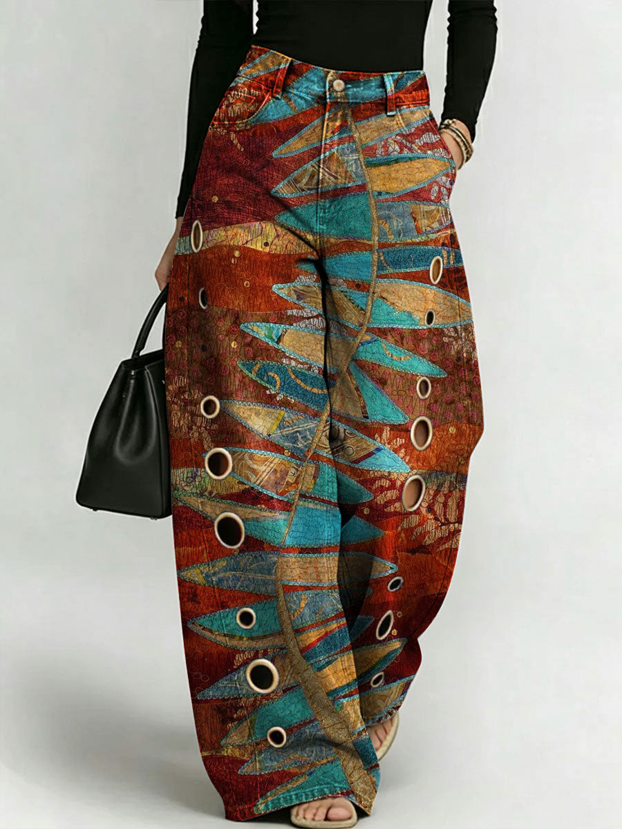 Women's Retro Fish Pattern Printed Stylish Cutout Casual Denim Jeans