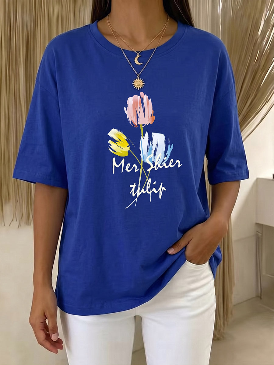 Women's Crew Neck Short Sleeve Casual Loose-fit Cotton T-shirt