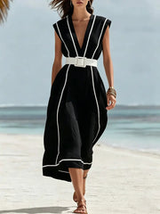 Women's Casual Vacation Line-decorated Sleeveless V-neck Dress