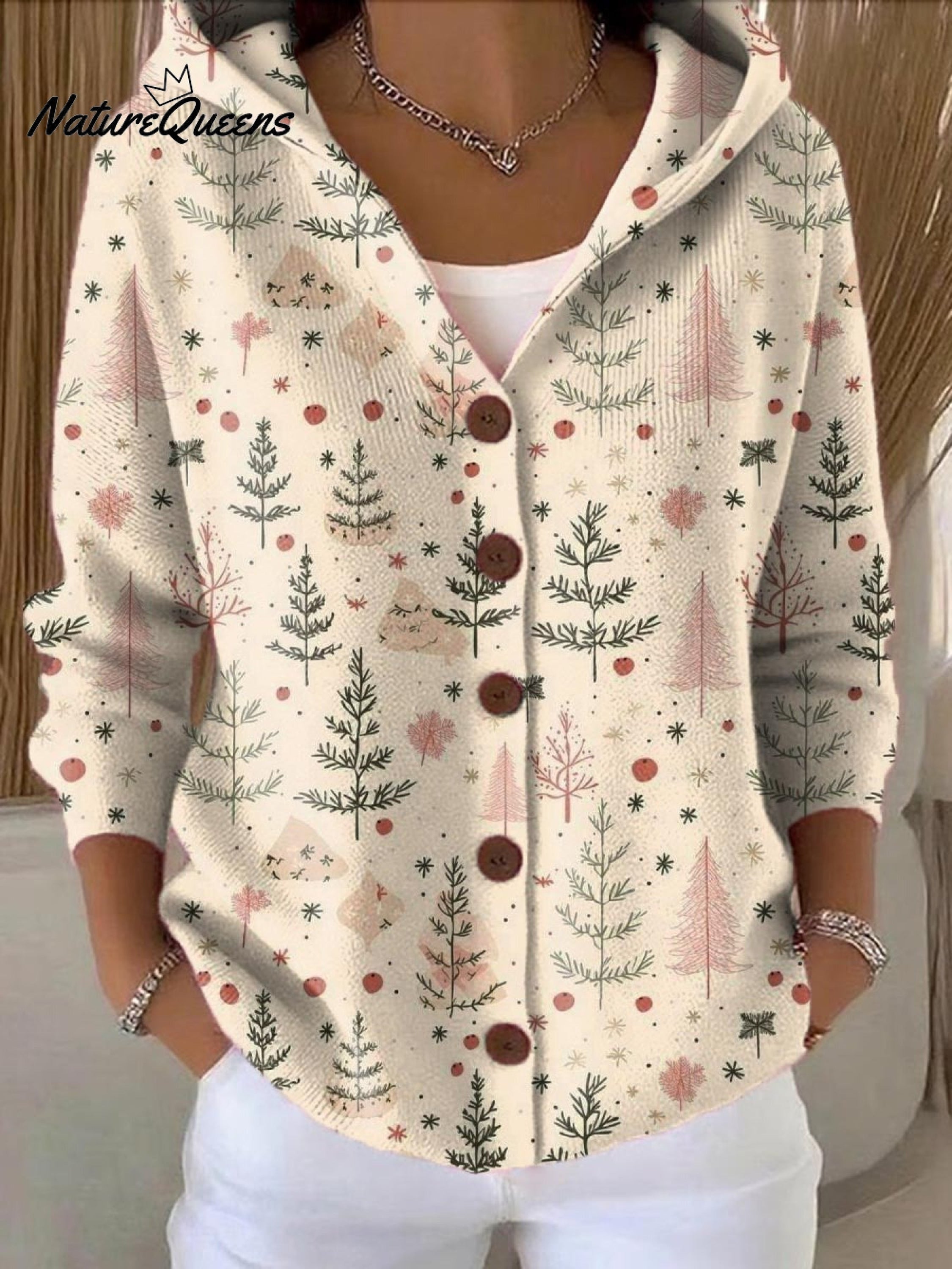 Women's Christmas Tree Art Print Buttoned Cardigan Sweater