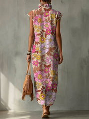Elegant Colorful Floral Decorative Pattern Women's No Sleeve Bud Collar Linen Cotton Dress