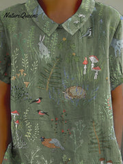 Woodland And Animal Pattern Printed Women's Casual Cotton And Linen Shirt