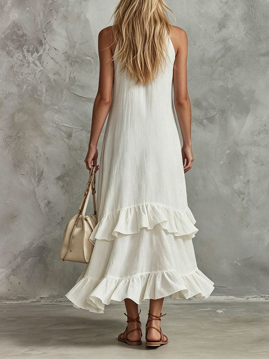 Women's Solid-color Stand-collar Sleeveless Loose-fit Cotton-linen Casual Dress