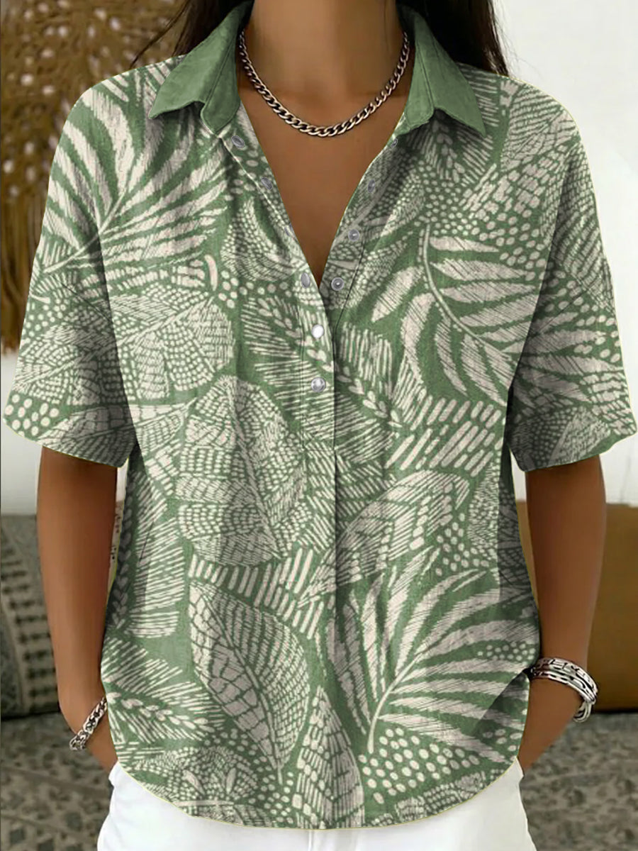 Women's Retro Botanical Line Art Print Cotton-linen Short-sleeve Shirt