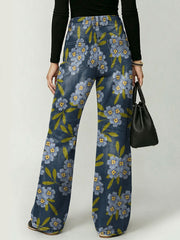 Elegant Floral Decorative Patterns Women's Casual Cotton Denim Pants