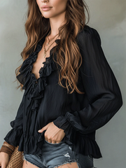 Cozy V-neck Ruffled Cotton-linen Shirt