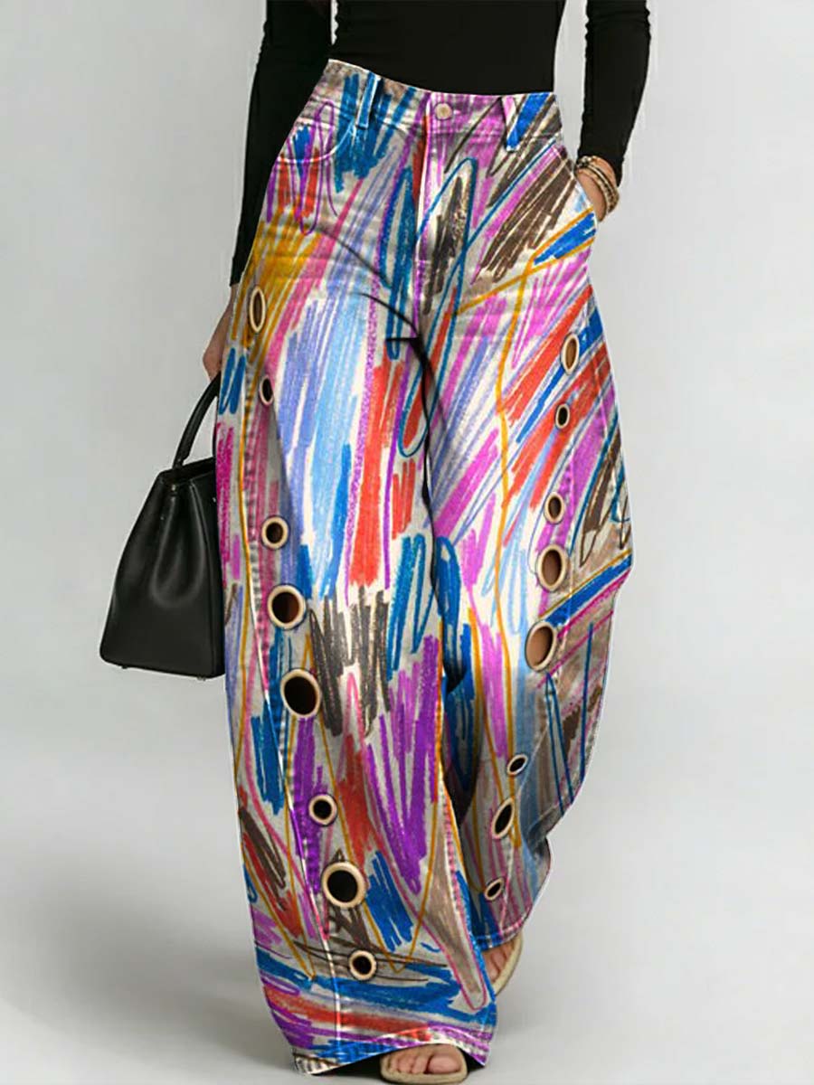 Women's Abstract Art Print Casual Stylish Hollow Denim Pants