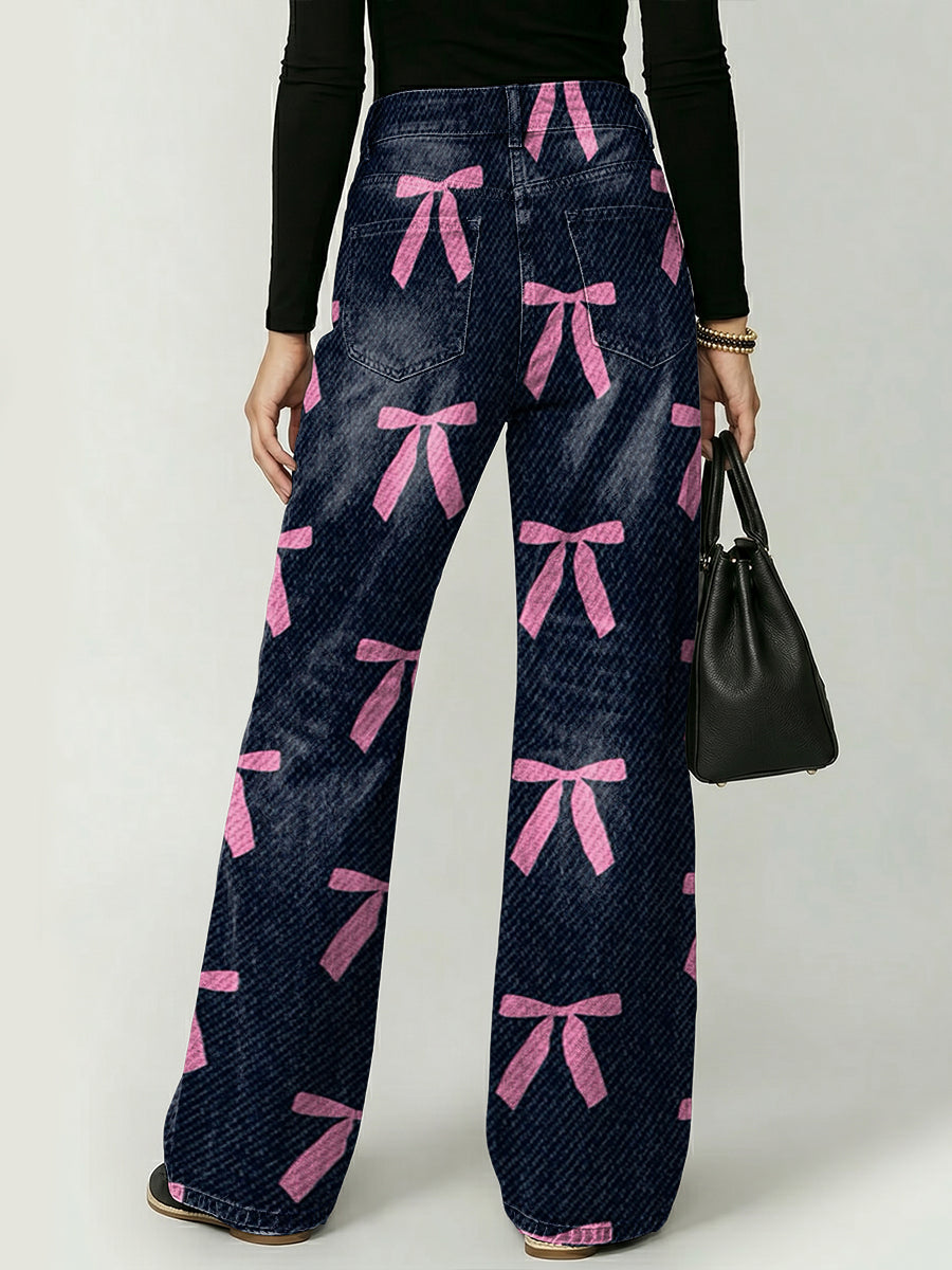 Pink Bow Decoration Pattern Women's Denim Pants