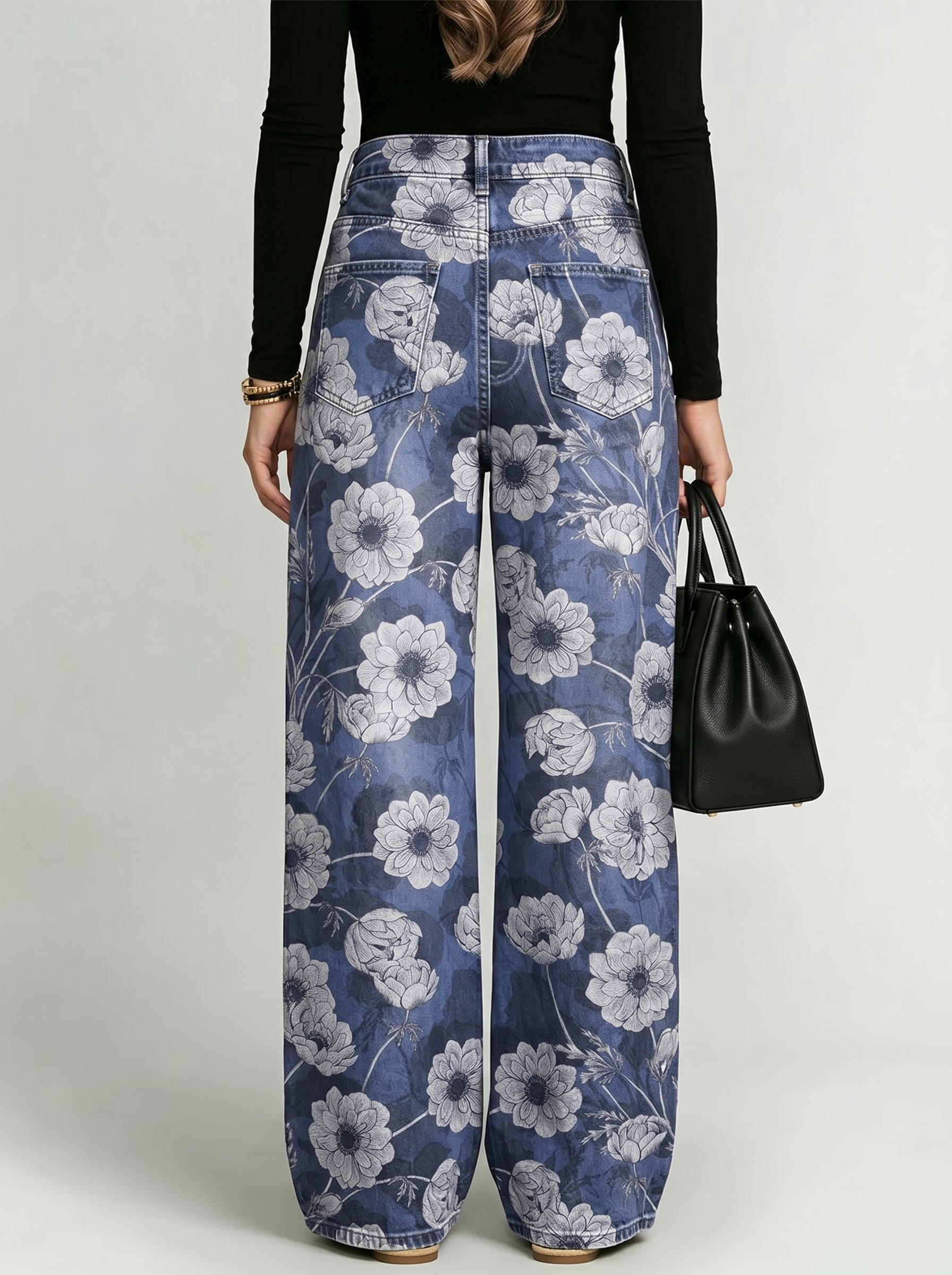 Elegant Floral Decorative Patterns Women's Denim Pants