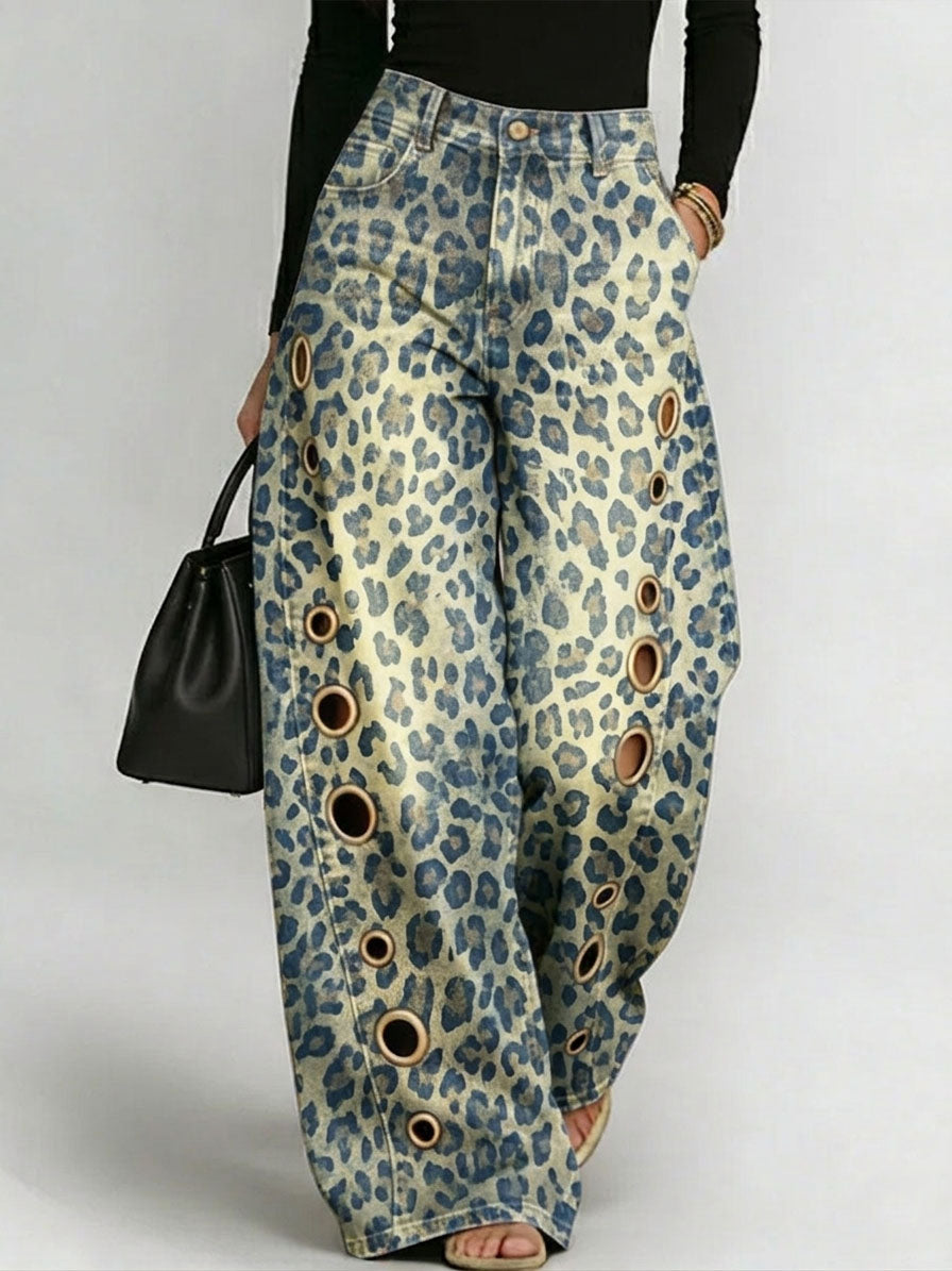 Women's Leopard Print Casual Fashion Cutout Jeans