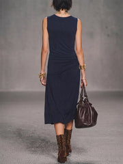 Women's Solid-color V-neck Sleeveless Loose-fit Cotton Casual Dress