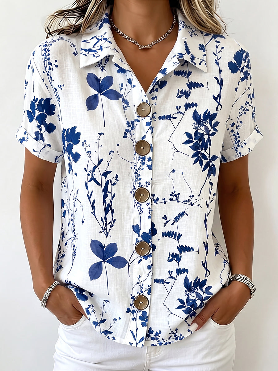 Casual Blue Floral-print Cotton-linen Shirt