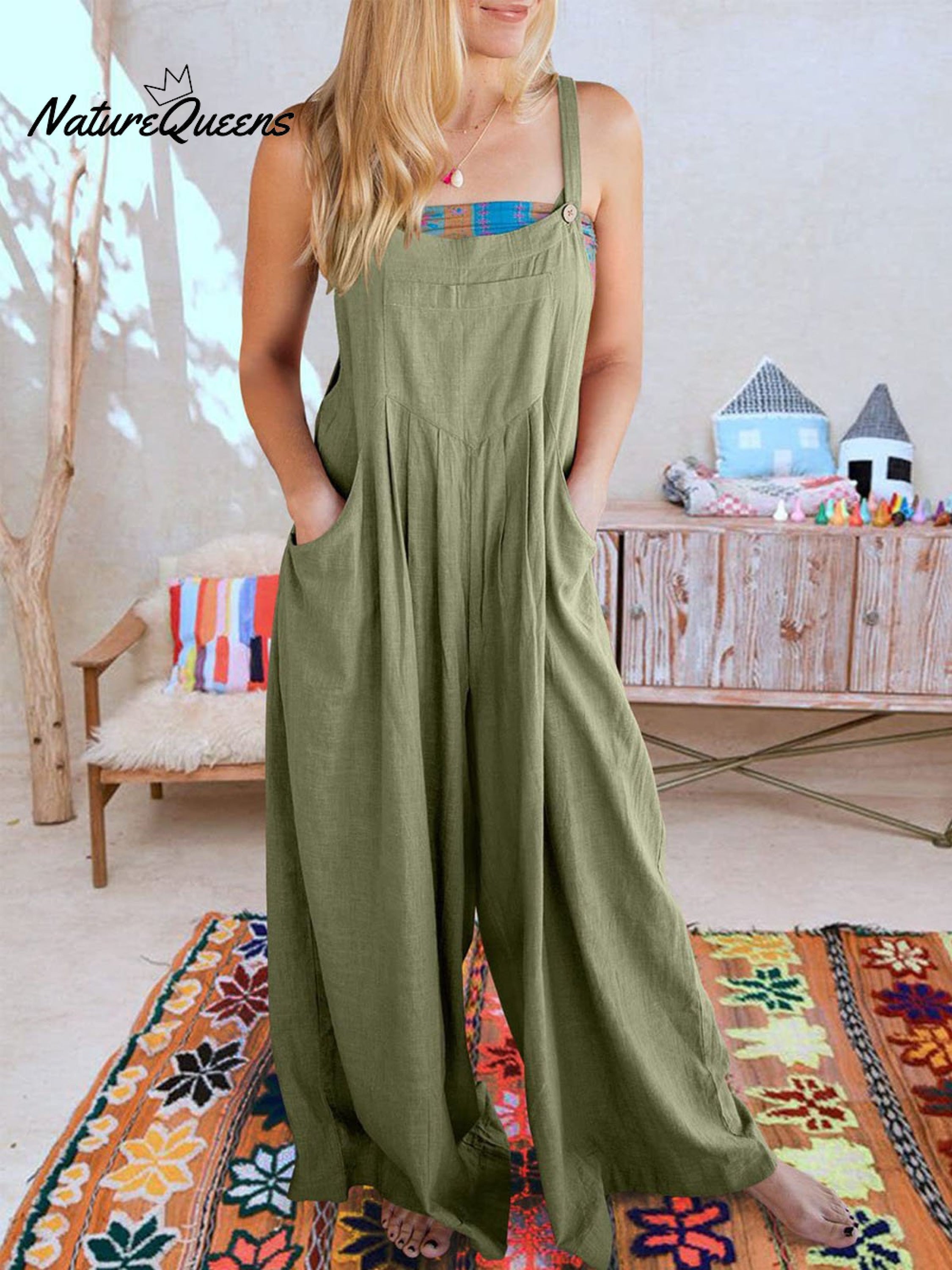 Women's Solid Color Loose Elegant Casual Cotton Linen Suspender Jumpsuit