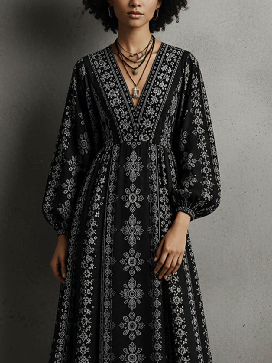Women's Bohemian-print Casual V-neck Maxi Dress