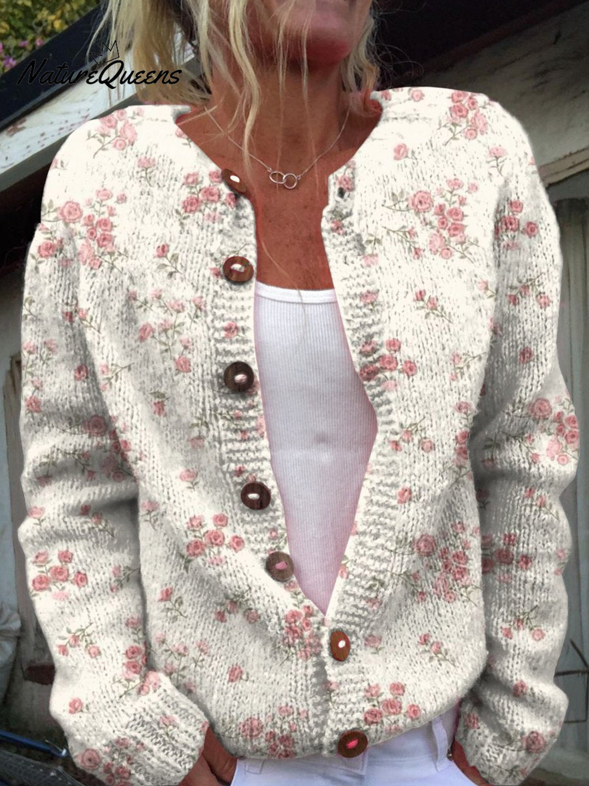 Pink Rose Florets Print Buttoned Cardigan Sweater